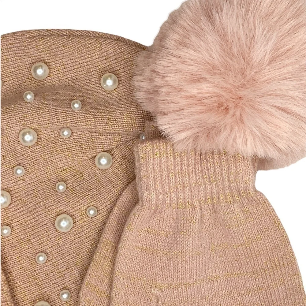 Nordstrom OMG pink knit pom pom hat with pearl accents and matching knit gloves